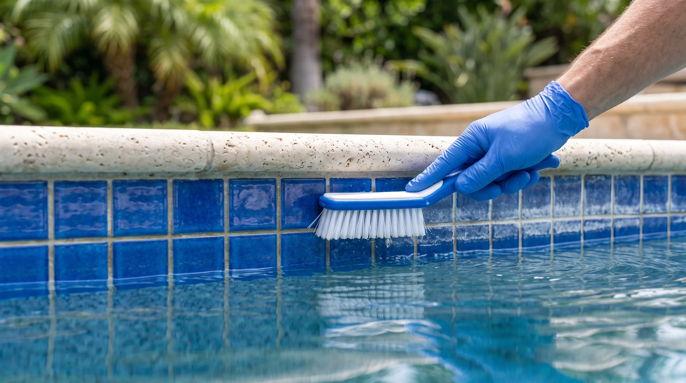 Gloved hand scrubbing blue pool waterline tile with a nylon brush, with clean tile on one side and a white calcium film still on the other