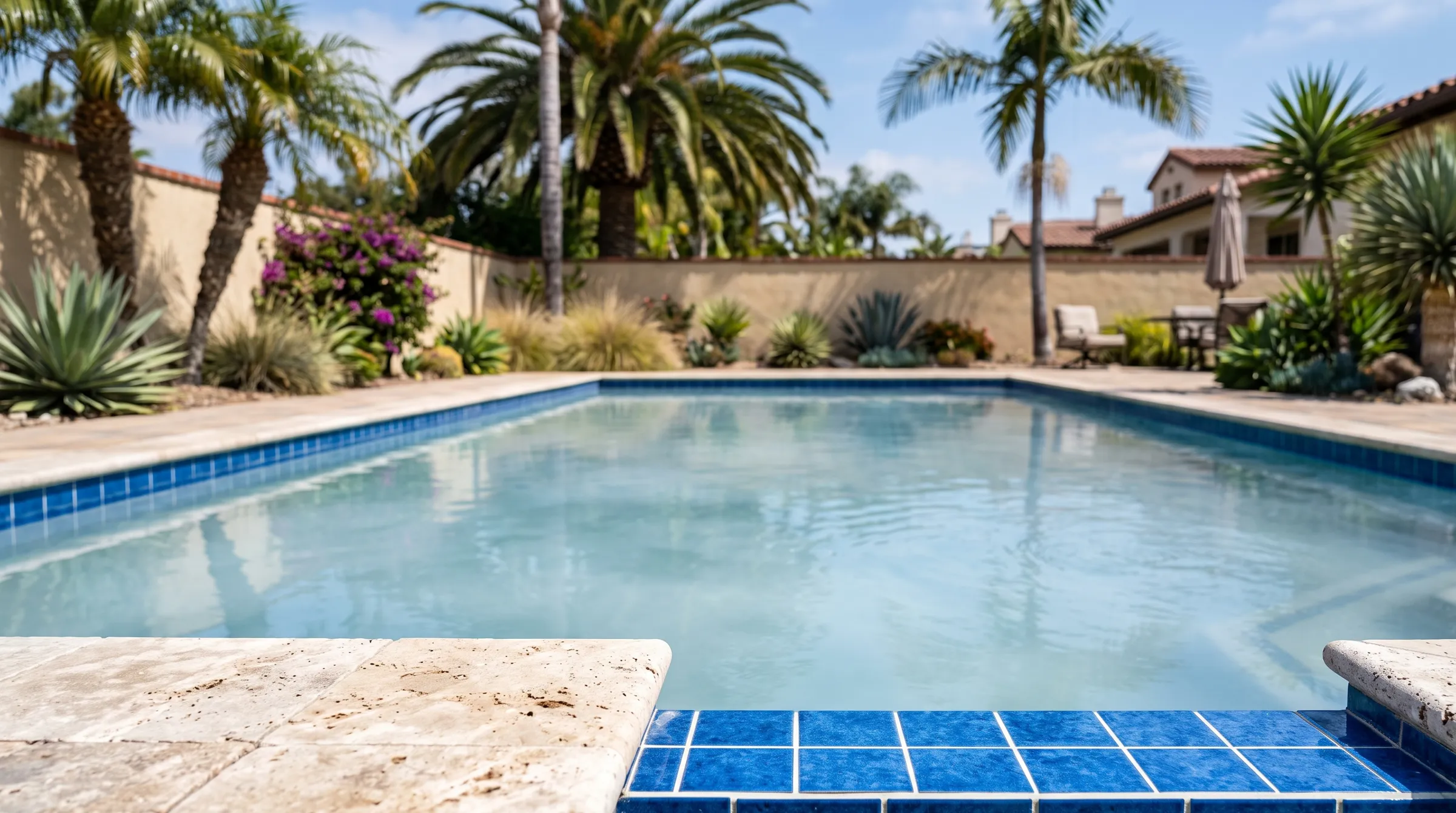 Cloudy, milky pool water in a sunny Southern California backyard, with blue waterline tile and travertine coping in the foreground and palm trees behind