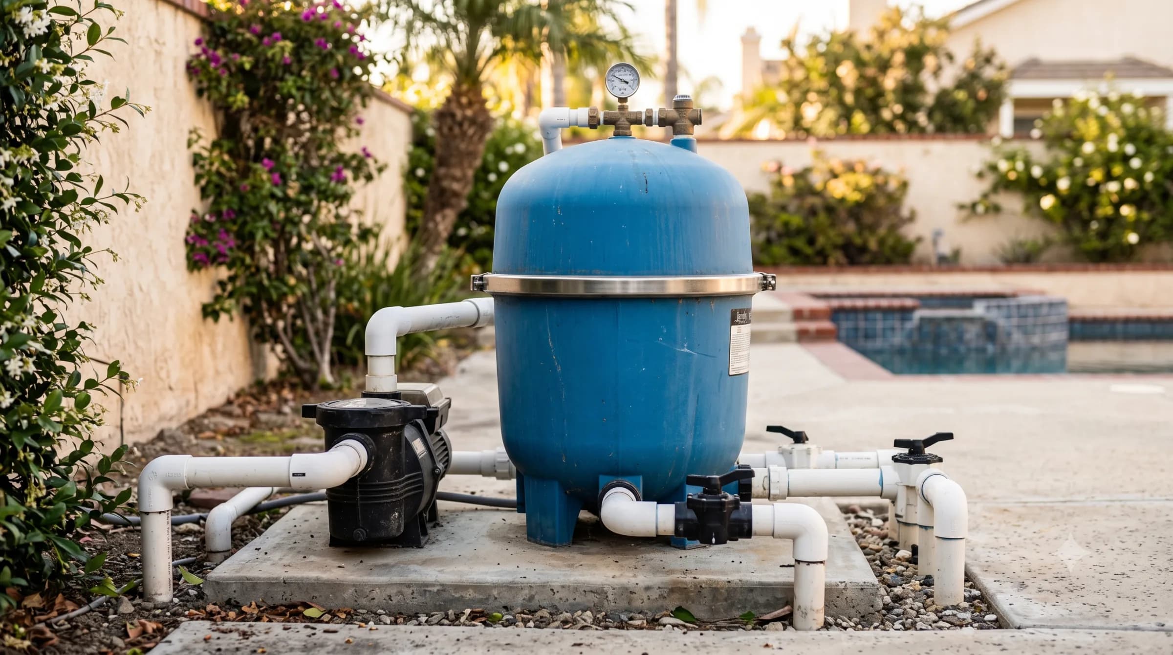 A residential pool equipment pad with a large blue cartridge filter tank, its stainless clamp band and pressure gauge, alongside the pump and PVC plumbing