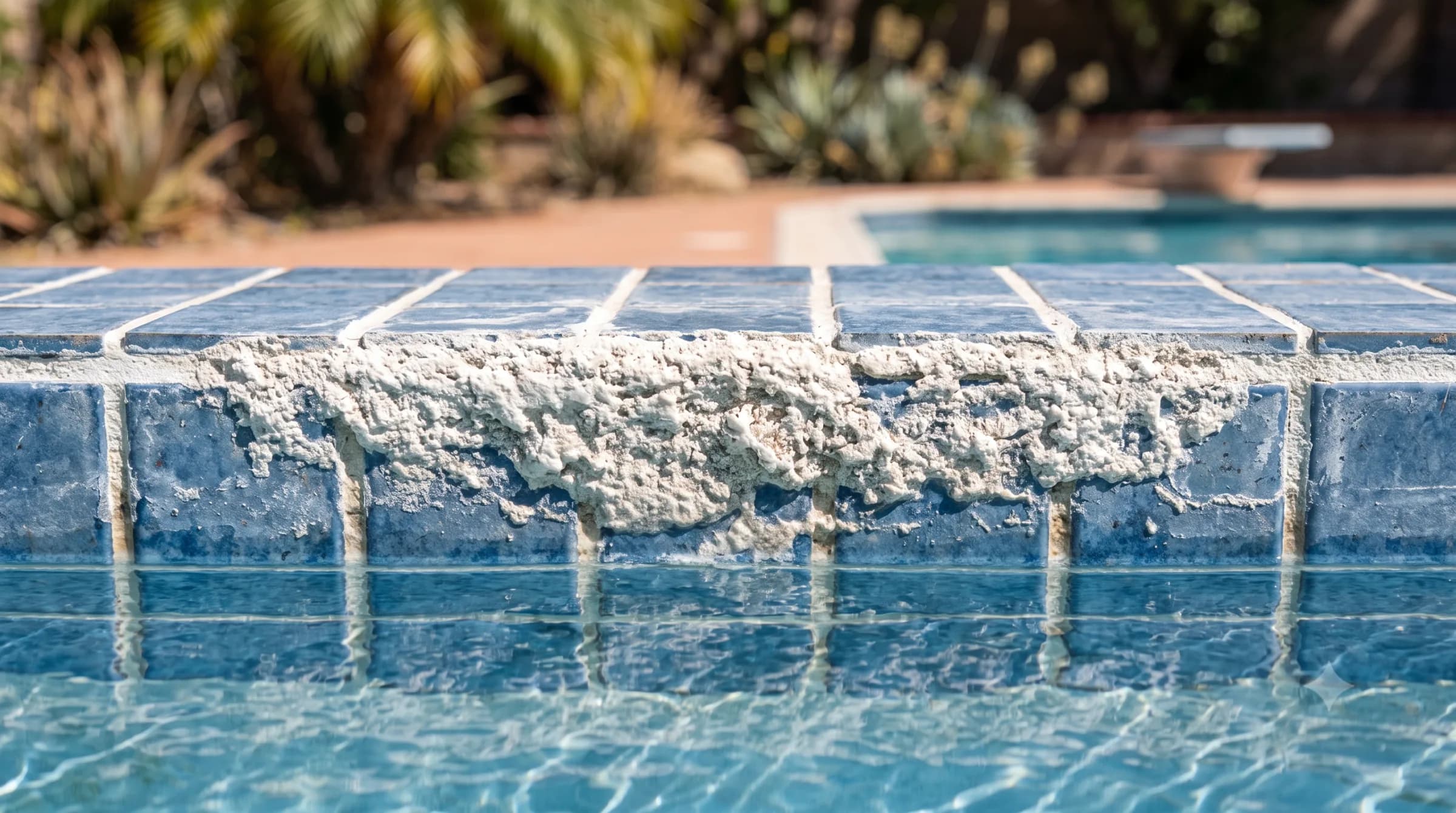 Close-up of a swimming pool waterline where thick white calcium scale has crusted along the top edge of blue ceramic tile